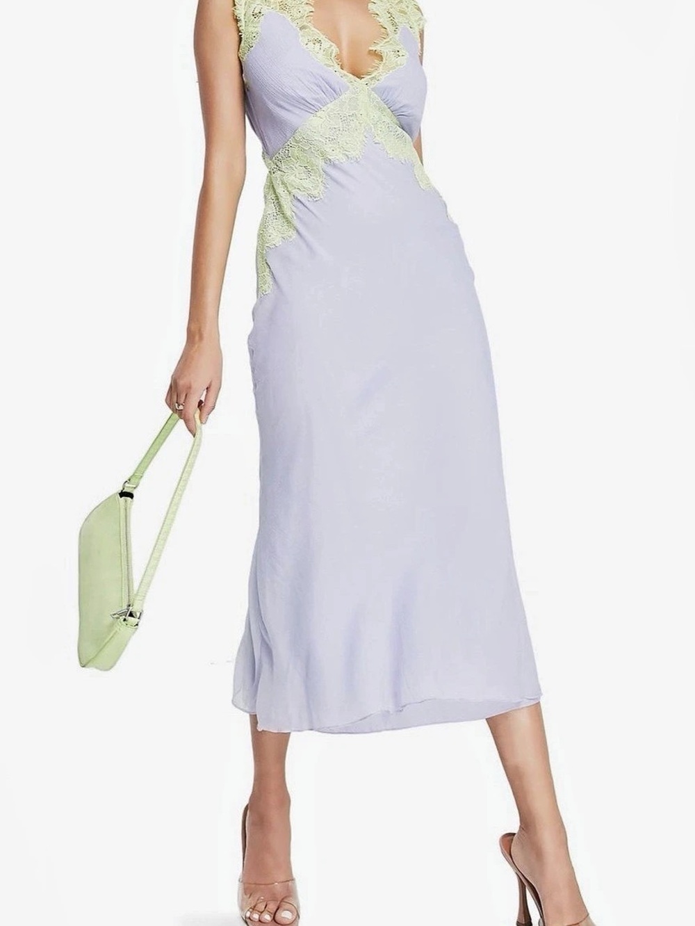 ASOS DESIGN Lace Trim Bias Cut Chiffon Midi Dress in Lilac & Green